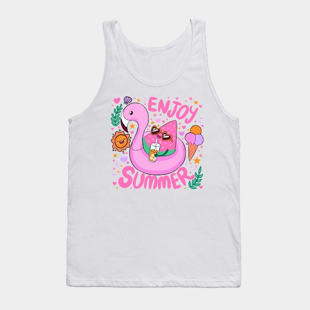 Enjoy Summer a fun summer time vacation design watermelon in a flamingo floaty Tank Top by Yarafantasyart